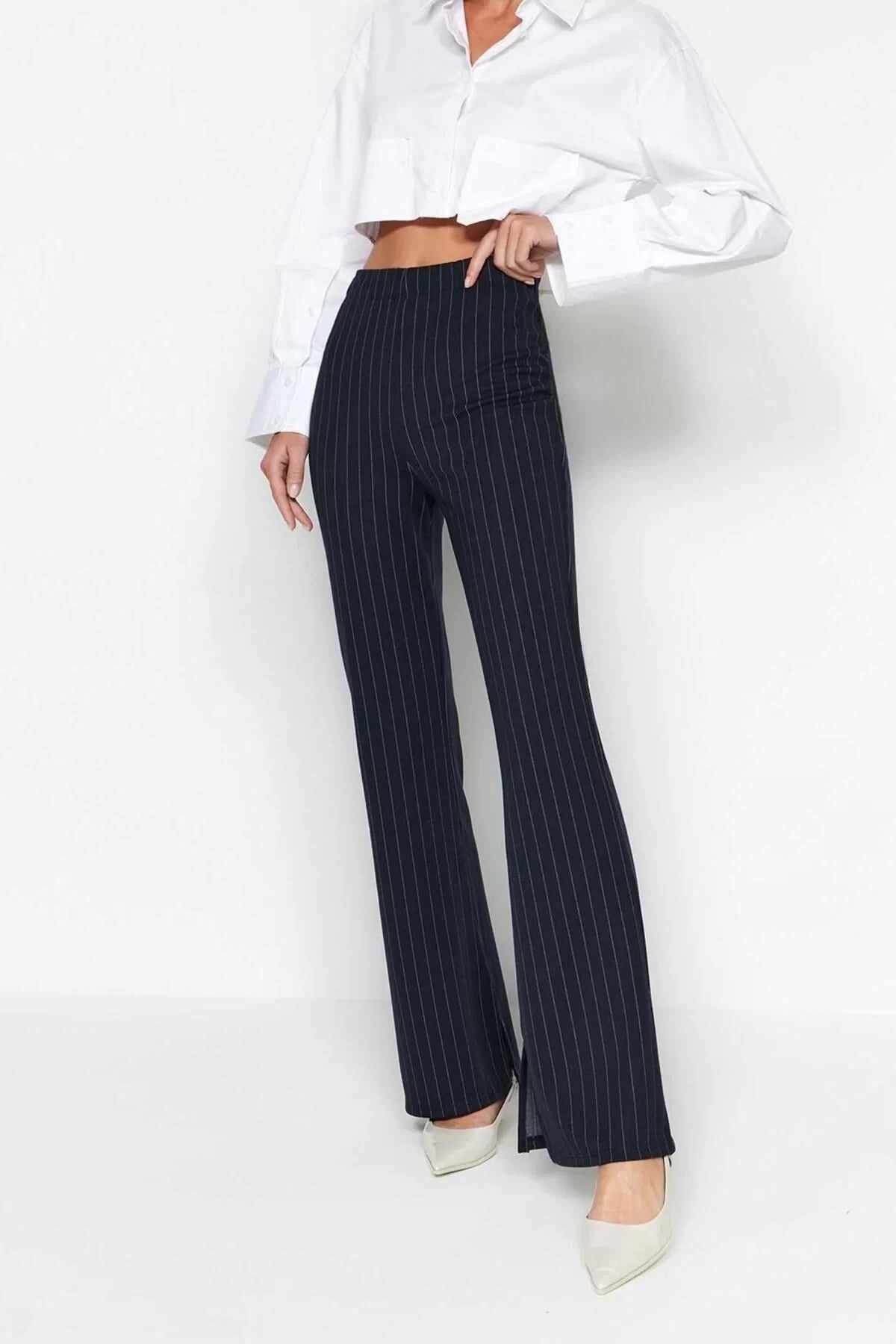 Women Fashion Bell-bottom Long Knitted Smart Slit Flare High Waist Striped Knitted Leggings Pants