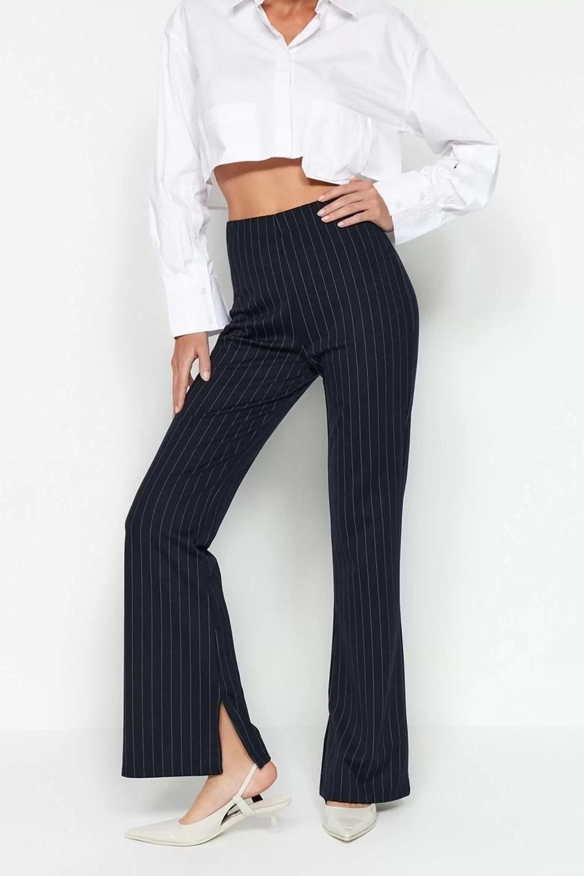 Women Fashion Bell-bottom Long Knitted Smart Slit Flare High Waist Striped Knitted Leggings Pants