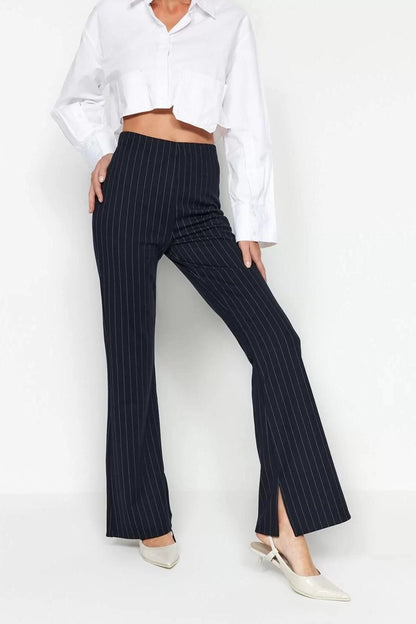 Women Fashion Bell-bottom Long Knitted Smart Slit Flare High Waist Striped Knitted Leggings Pants