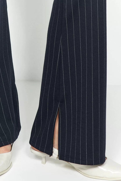 Women Fashion Bell-bottom Long Knitted Smart Slit Flare High Waist Striped Knitted Leggings Pants