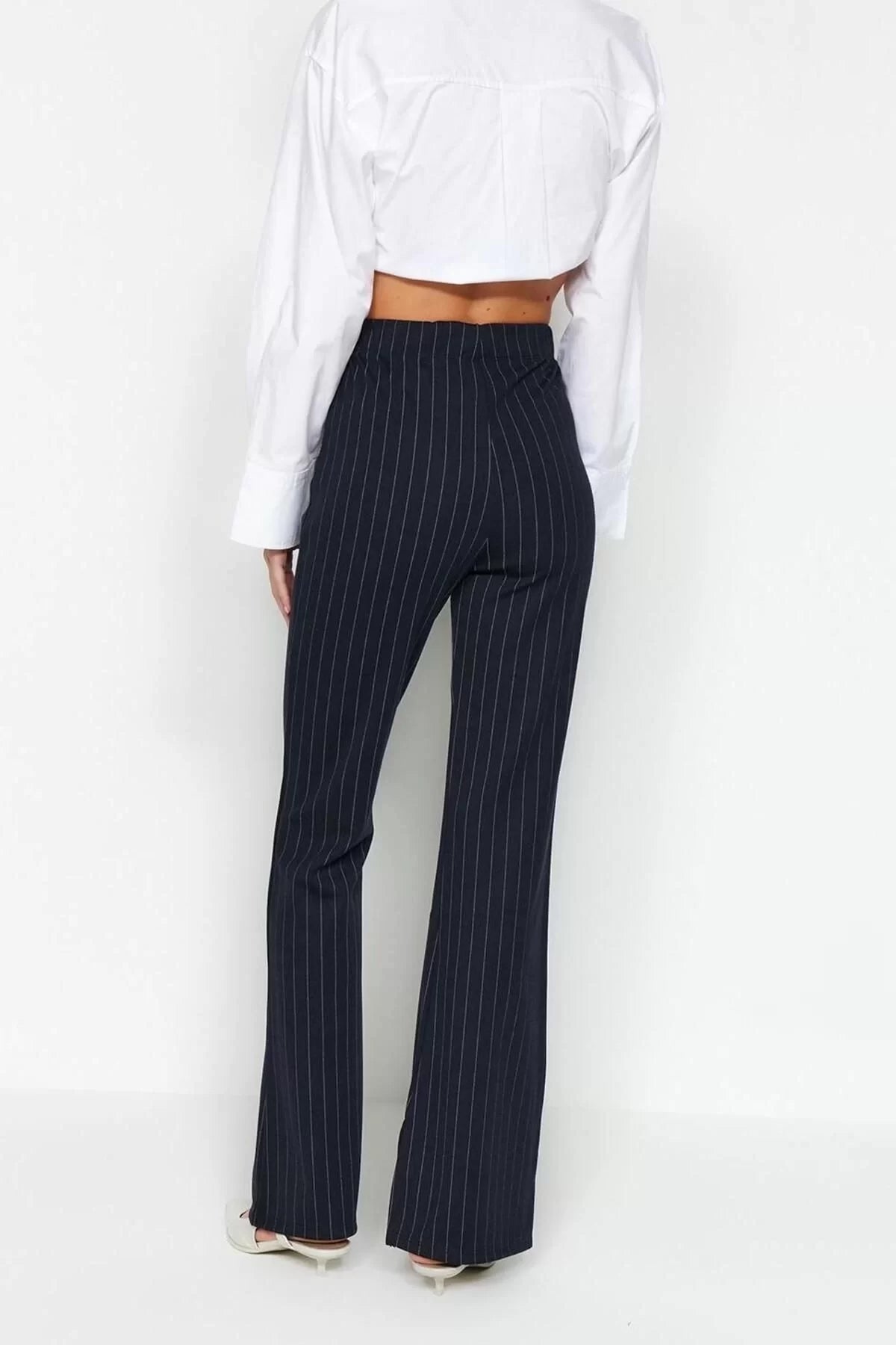 Women Fashion Bell-bottom Long Knitted Smart Slit Flare High Waist Striped Knitted Leggings Pants