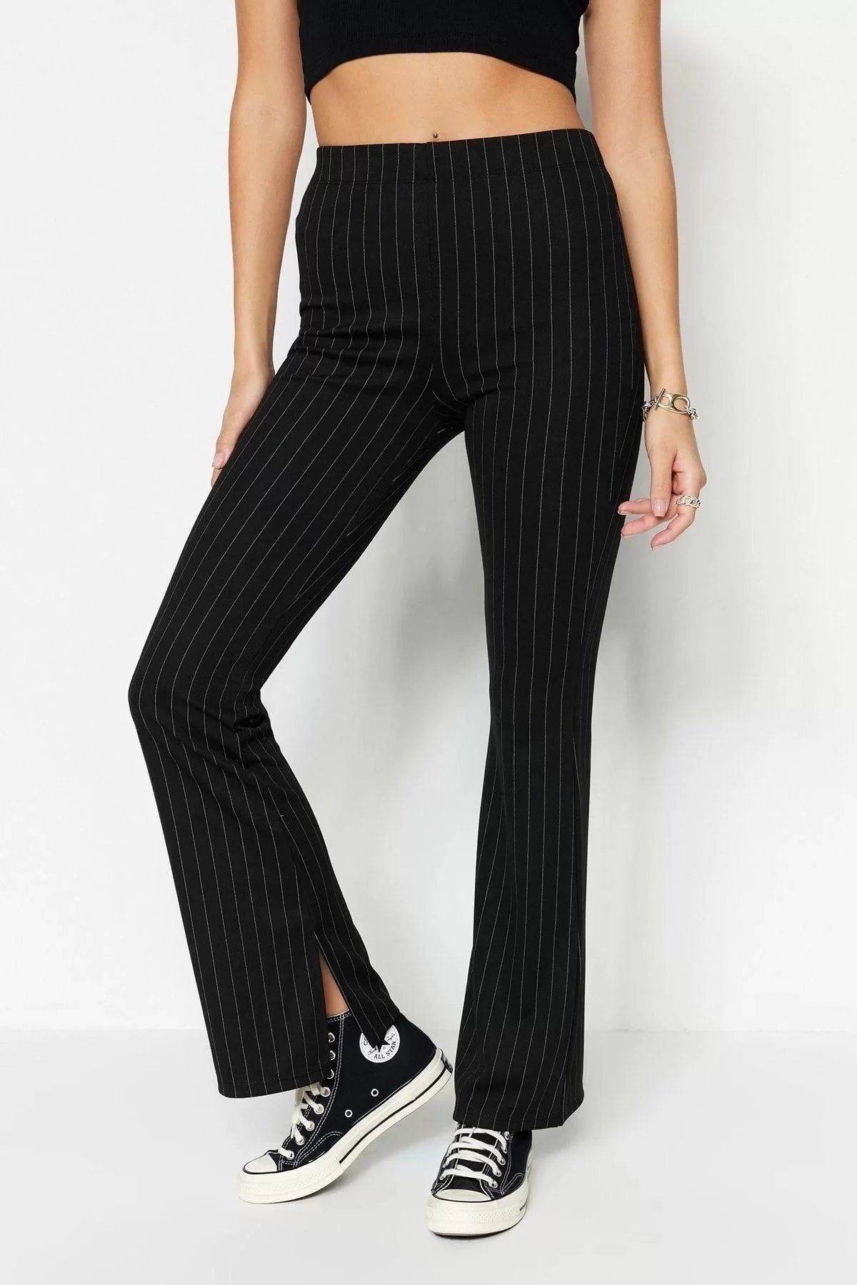 Women Fashion Bell-bottom Long Knitted Smart Slit Flare High Waist Striped Knitted Leggings Pants