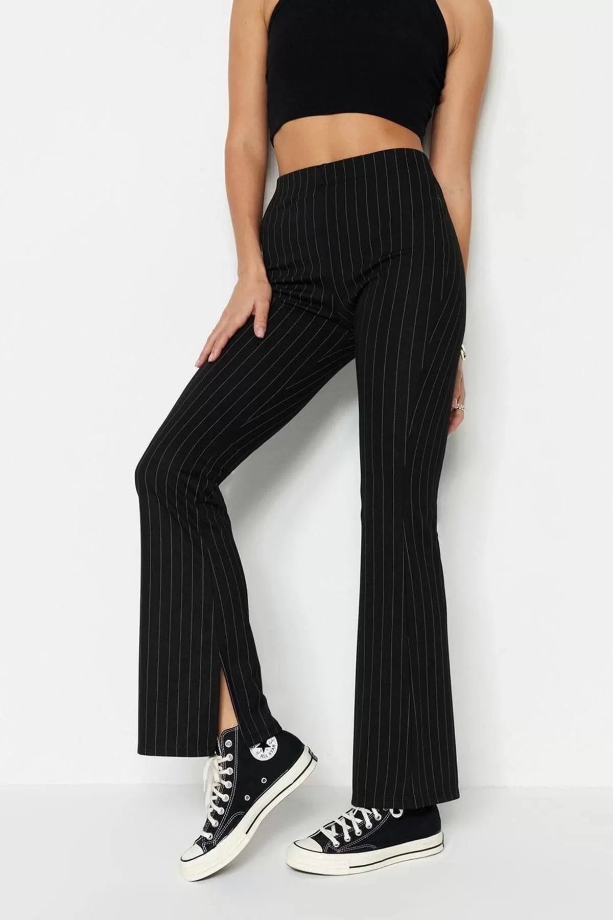 Women Fashion Bell-bottom Long Knitted Smart Slit Flare High Waist Striped Knitted Leggings Pants