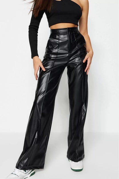 Women's New Fashion Wide Leg Long Length Knitted Faux Leather Wide Leg Wide Leg Ribbed High Waist Trousers