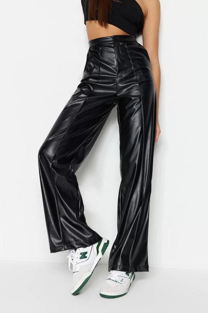 Women's New Fashion Wide Leg Long Length Knitted Faux Leather Wide Leg Wide Leg Ribbed High Waist Trousers