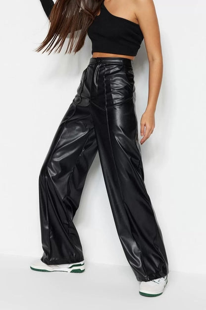 Women's New Fashion Wide Leg Long Length Knitted Faux Leather Wide Leg Wide Leg Ribbed High Waist Trousers