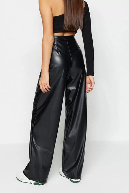 Women's New Fashion Wide Leg Long Length Knitted Faux Leather Wide Leg Wide Leg Ribbed High Waist Trousers