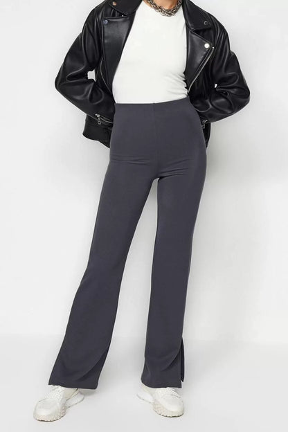 Women Fashion Flare Long Knitted Side Slit High Waist Knitted Trousers