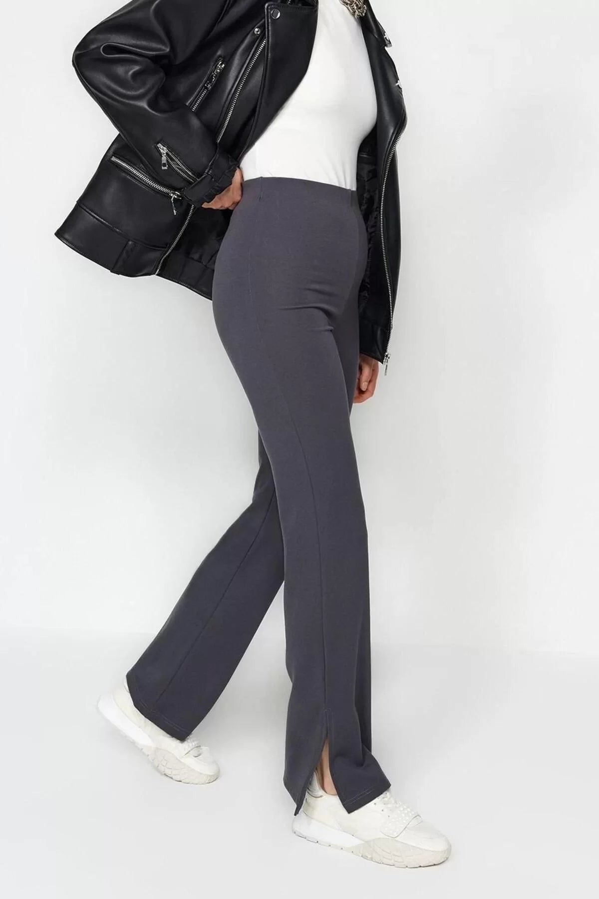 Women Fashion Flare Long Knitted Side Slit High Waist Knitted Trousers