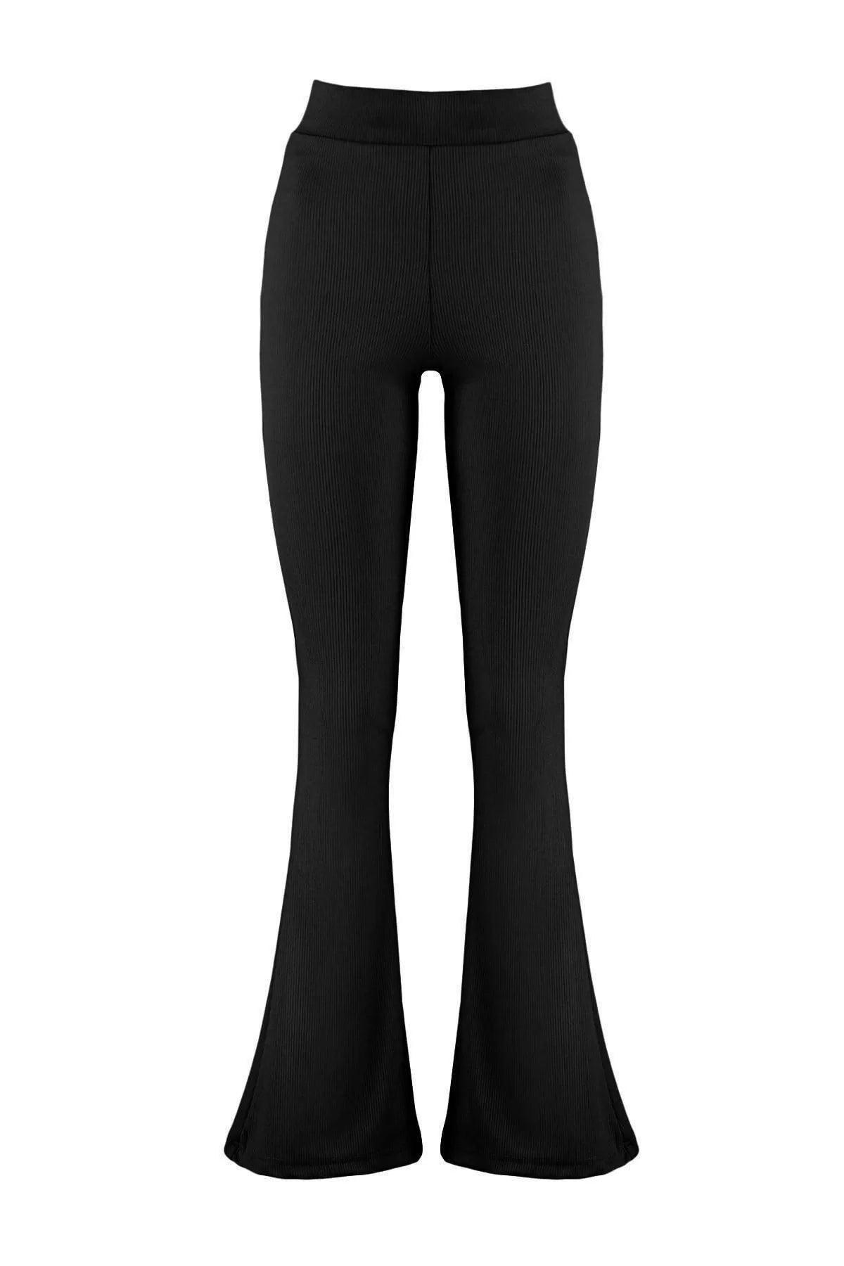 Women Fashion Flare Long Knitted Ribbed Flare High Waist Elastic Knitted Leggings Pants