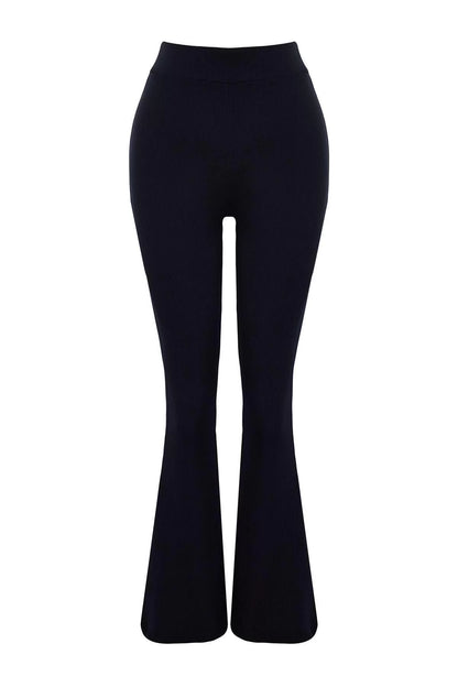 Women Fashion Flare Long Knitted Ribbed Flare High Waist Elastic Knitted Leggings Pants