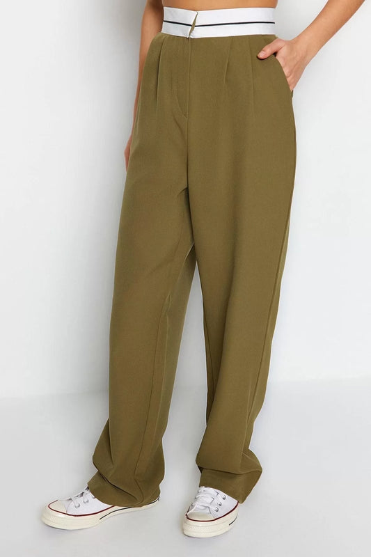 Women's New Fashion Straight Leg Regular Length Woven Wide Leg High Waist Belt Detailed Trousers