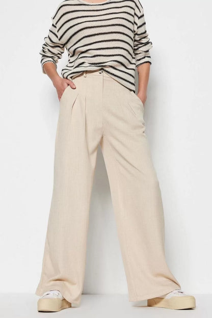 Women's New Fashion Wide Leg Long Length Woven Linen Look Wide Leg Wide Leg Trousers