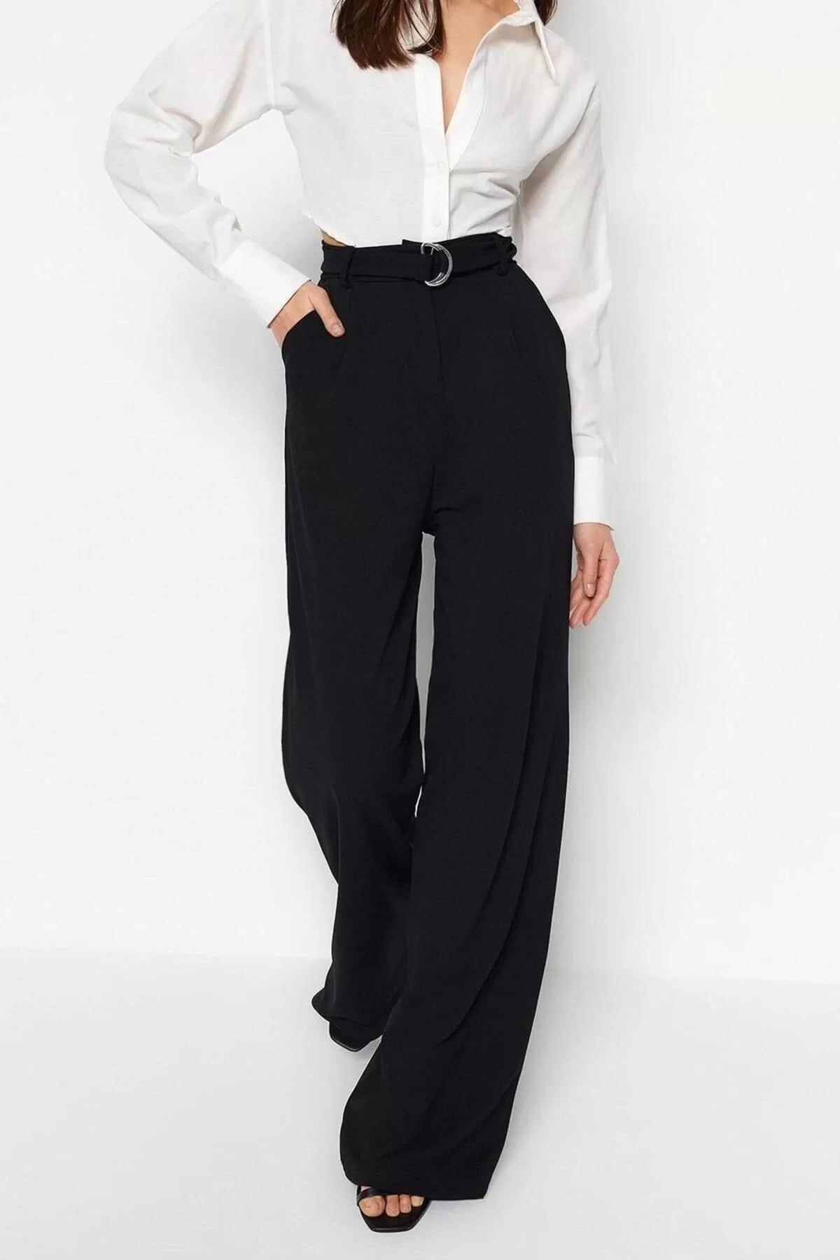 Women's Wide Leg Long Length Knitted Belted Wideleg Wide Leg High Waist Smart Crepe Fabric Knitted Trousers