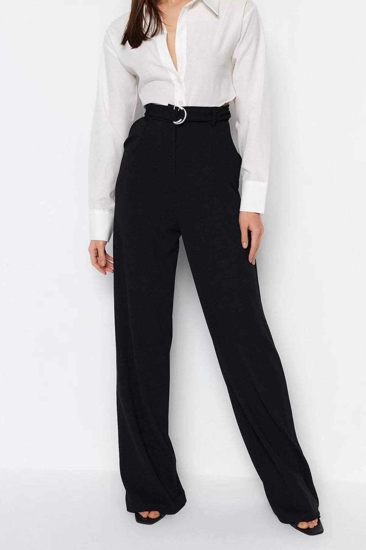 Women's Wide Leg Long Length Knitted Belted Wideleg Wide Leg High Waist Smart Crepe Fabric Knitted Trousers