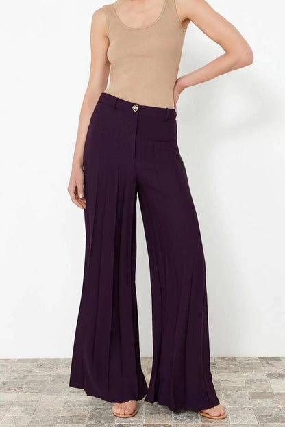 Women's New Fashion Wide Leg Long Length Woven Palazzo Extra Wide Leg Pleated Trousers