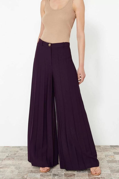 Women's New Fashion Wide Leg Long Length Woven Palazzo Extra Wide Leg Pleated Trousers