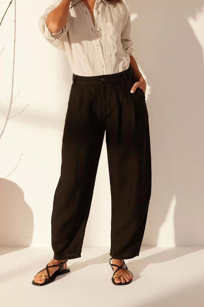 Women's New Fashion Wide Leg Long Length Woven 100% Linen High Waist Barrel Trousers