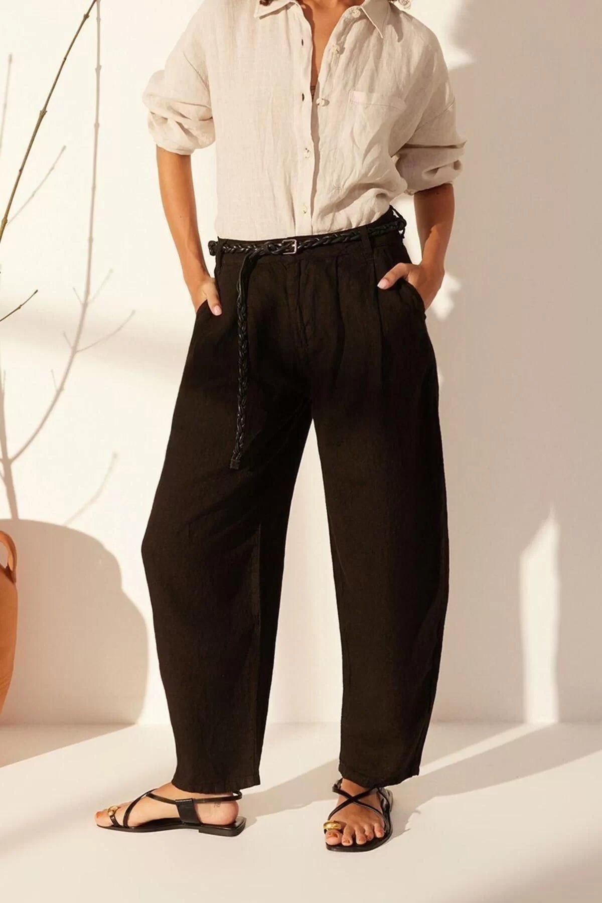 Women's New Fashion Wide Leg Long Length Woven 100% Linen High Waist Barrel Trousers