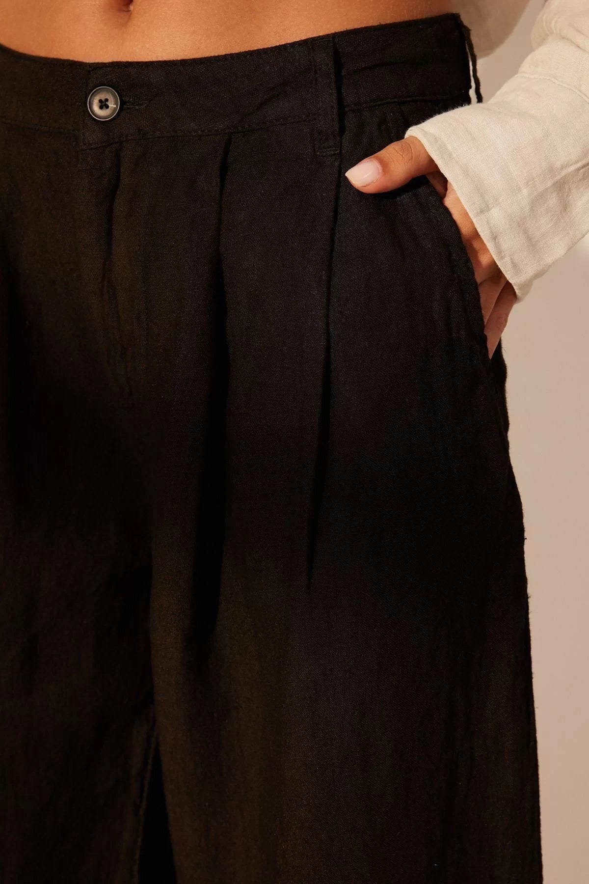 Women's New Fashion Wide Leg Long Length Woven 100% Linen High Waist Barrel Trousers