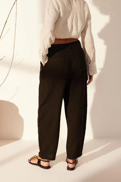 Women's New Fashion Wide Leg Long Length Woven 100% Linen High Waist Barrel Trousers