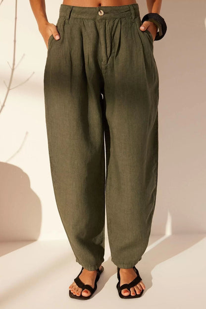 Women's New Fashion Wide Leg Long Length Woven 100% Linen High Waist Barrel Trousers