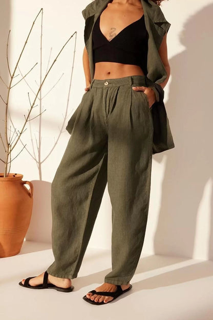 Women's New Fashion Wide Leg Long Length Woven 100% Linen High Waist Barrel Trousers