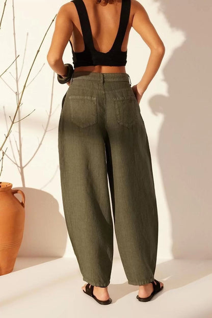 Women's New Fashion Wide Leg Long Length Woven 100% Linen High Waist Barrel Trousers