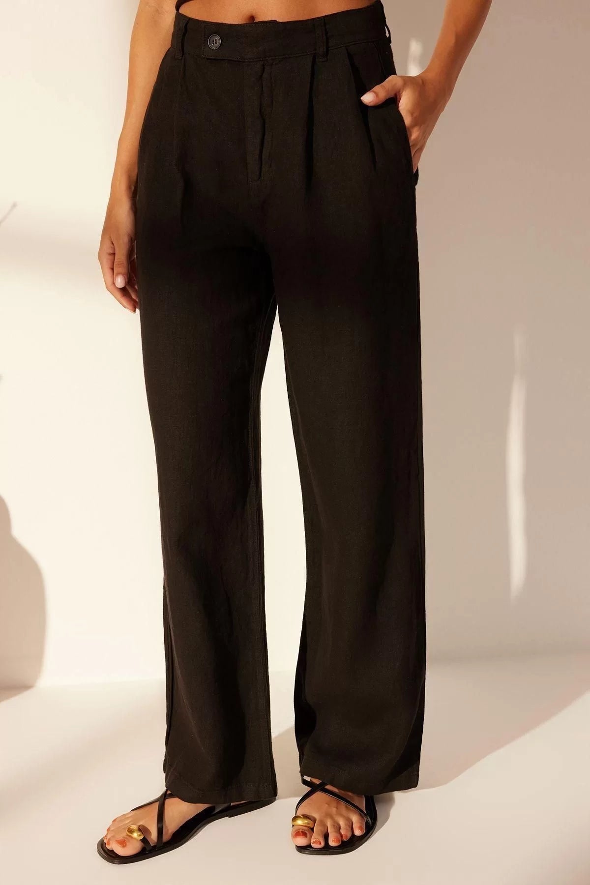 Women's New Fashion Wide Leg Long Length Woven 100% Linen Pleated High Waist Wide Leg Trousers