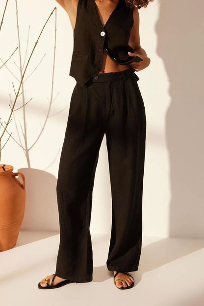 Women's New Fashion Wide Leg Long Length Woven 100% Linen Pleated High Waist Wide Leg Trousers