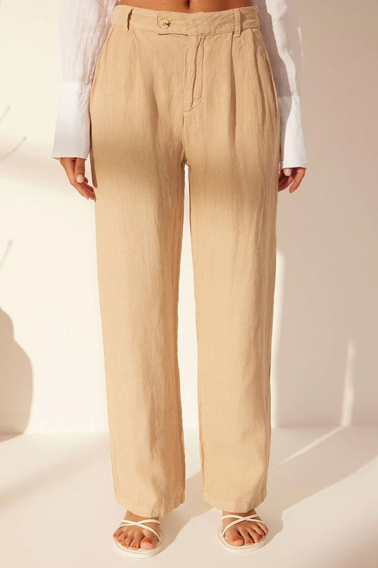 Women's New Fashion Wide Leg Long Length Woven 100% Linen Pleated High Waist Wide Leg Trousers