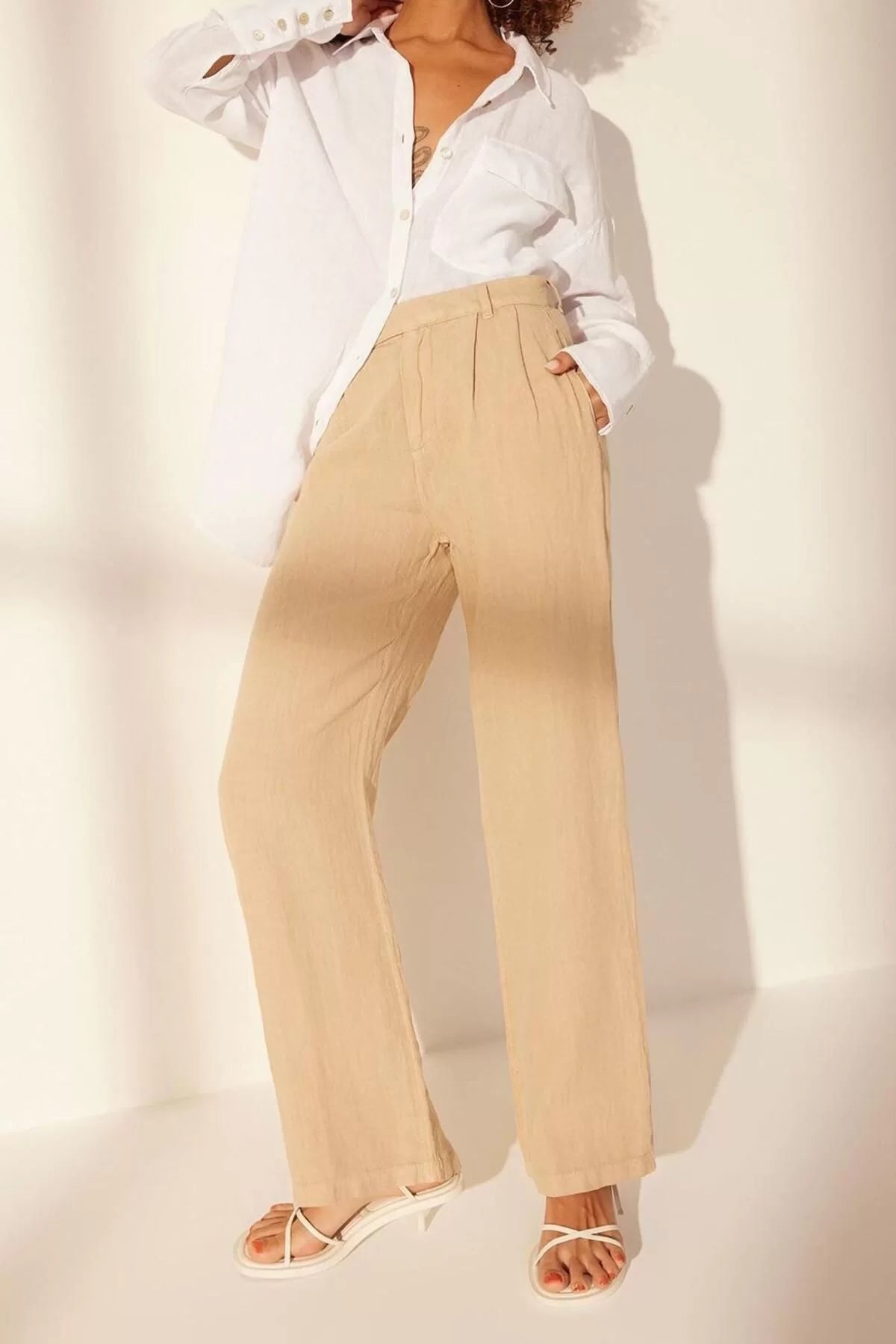 Women's New Fashion Wide Leg Long Length Woven 100% Linen Pleated High Waist Wide Leg Trousers