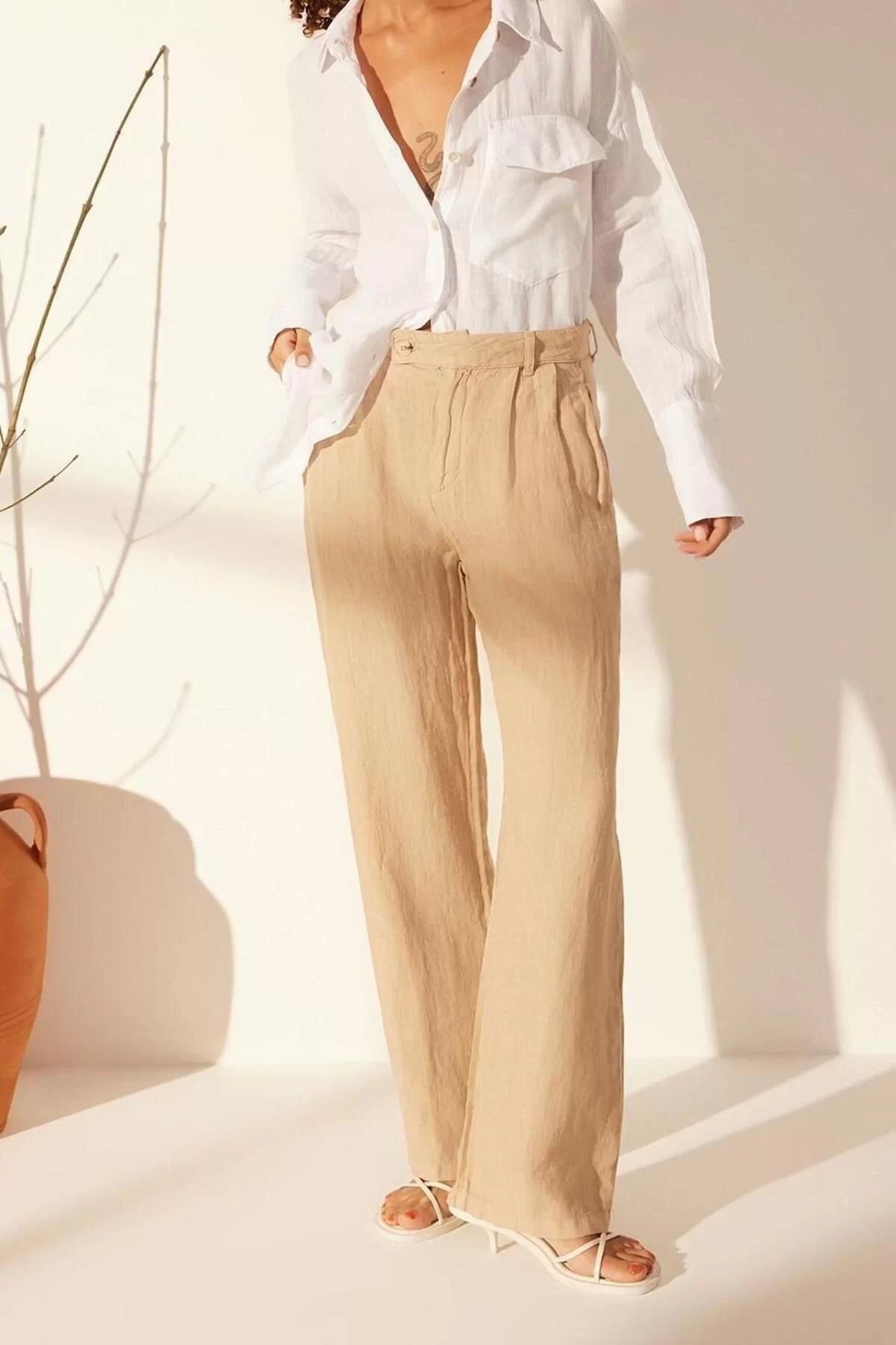 Women's New Fashion Wide Leg Long Length Woven 100% Linen Pleated High Waist Wide Leg Trousers