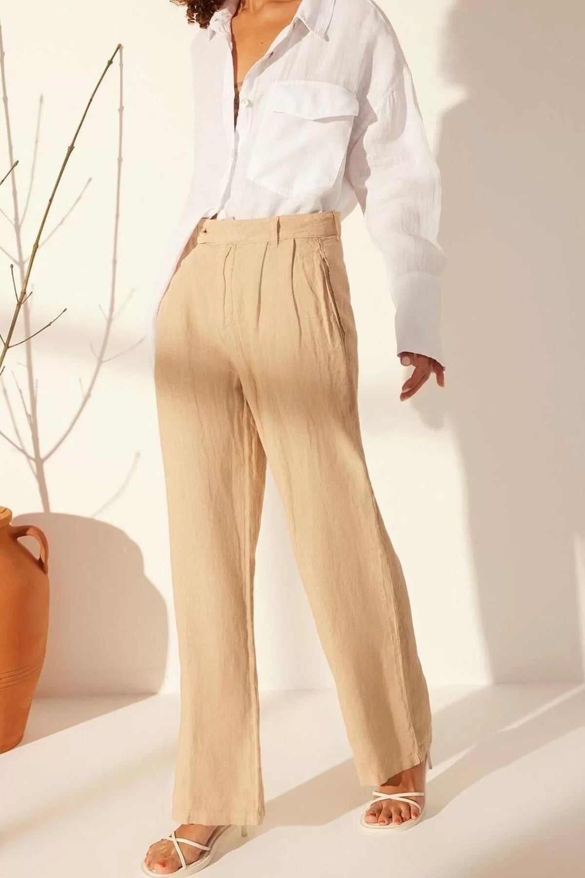 Women's New Fashion Wide Leg Long Length Woven 100% Linen Pleated High Waist Wide Leg Trousers