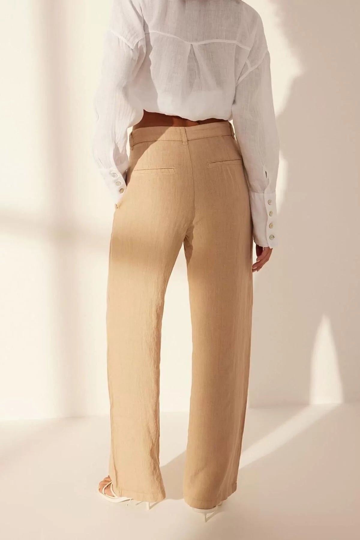 Women's New Fashion Wide Leg Long Length Woven 100% Linen Pleated High Waist Wide Leg Trousers