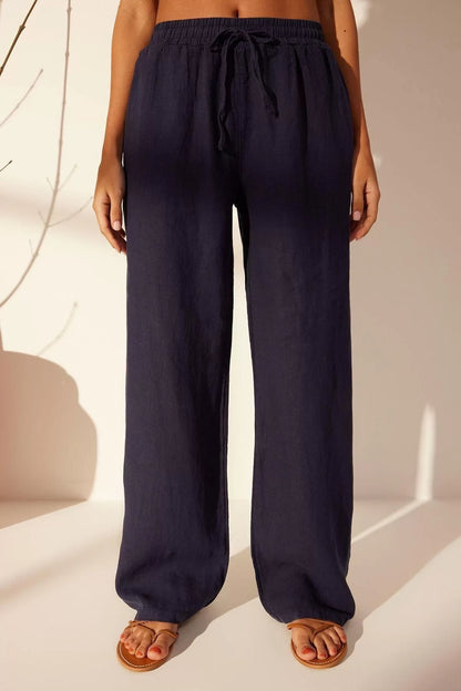 Women's New Fashion Wide Leg Long Length Denim 100% Linen Elastic Waist High Waist Wide Leg Trousers