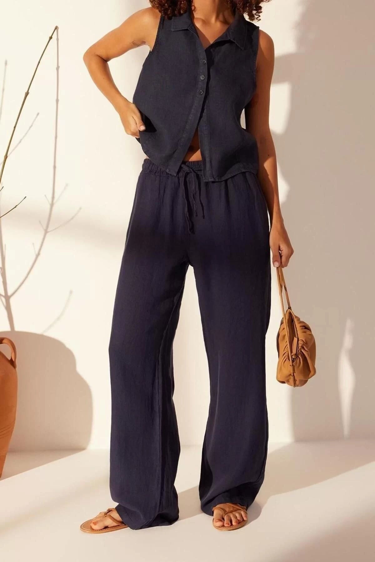 Women's New Fashion Wide Leg Long Length Denim 100% Linen Elastic Waist High Waist Wide Leg Trousers