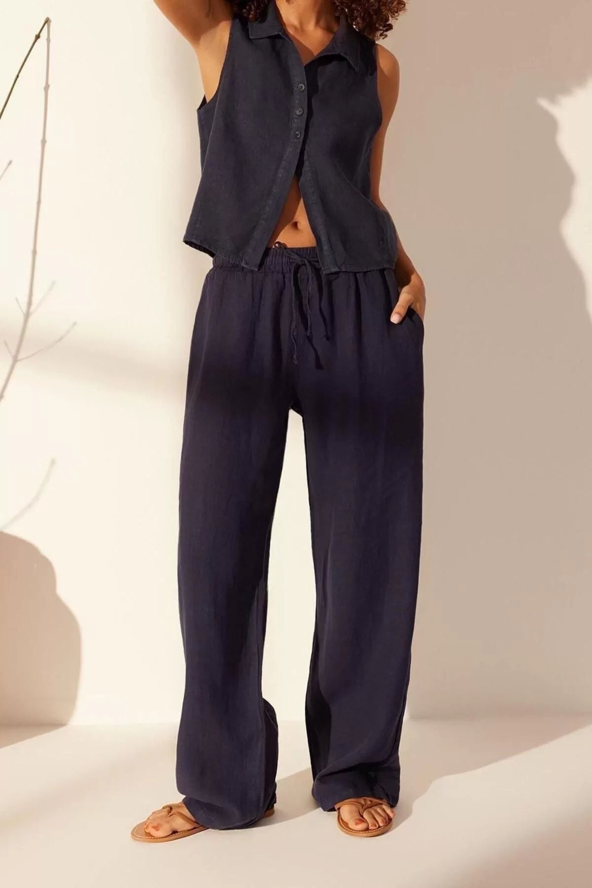 Women's New Fashion Wide Leg Long Length Denim 100% Linen Elastic Waist High Waist Wide Leg Trousers