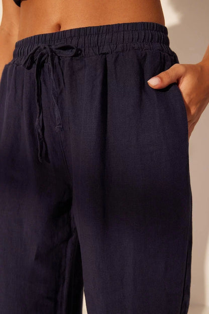 Women's New Fashion Wide Leg Long Length Denim 100% Linen Elastic Waist High Waist Wide Leg Trousers