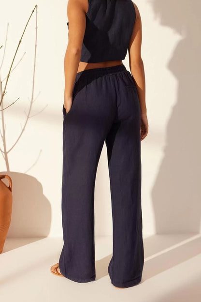 Women's New Fashion Wide Leg Long Length Denim 100% Linen Elastic Waist High Waist Wide Leg Trousers