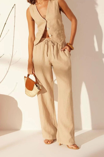 Women's New Fashion Wide Leg Long Length Denim 100% Linen Elastic Waist High Waist Wide Leg Trousers