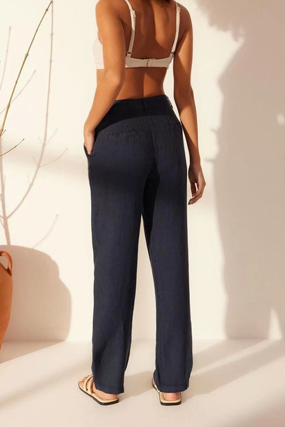 Women's New Fashion Wide Leg Long Length Woven 100% Linen High Waist Wide Leg Trousers