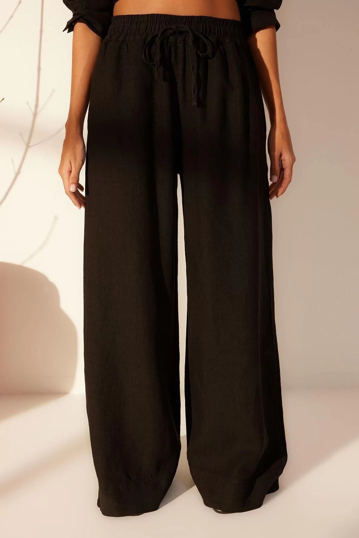 Women's New Fashion Wide Leg Long Length Woven 100% Linen Elastic Waist High Waist Extra Trousers