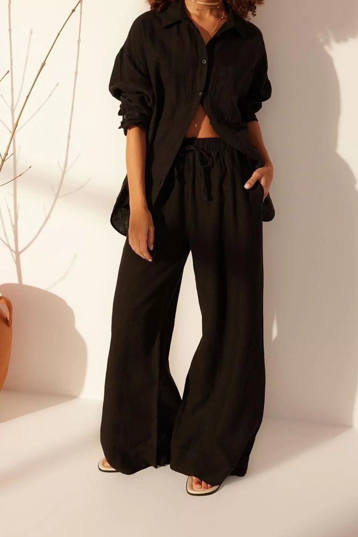 Women's New Fashion Wide Leg Long Length Woven 100% Linen Elastic Waist High Waist Extra Trousers