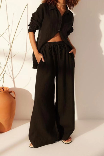 Women's New Fashion Wide Leg Long Length Woven 100% Linen Elastic Waist High Waist Extra Trousers