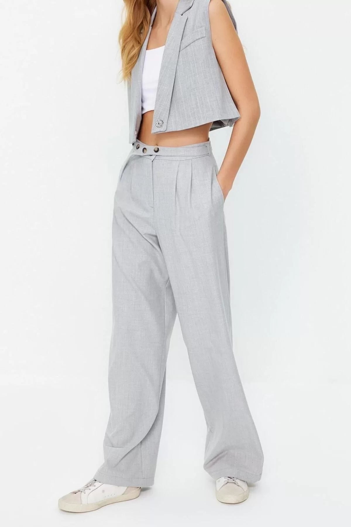 Women's New Fashion Wide Leg Long Length Woven Straight Cut Belt Detailed Trousers