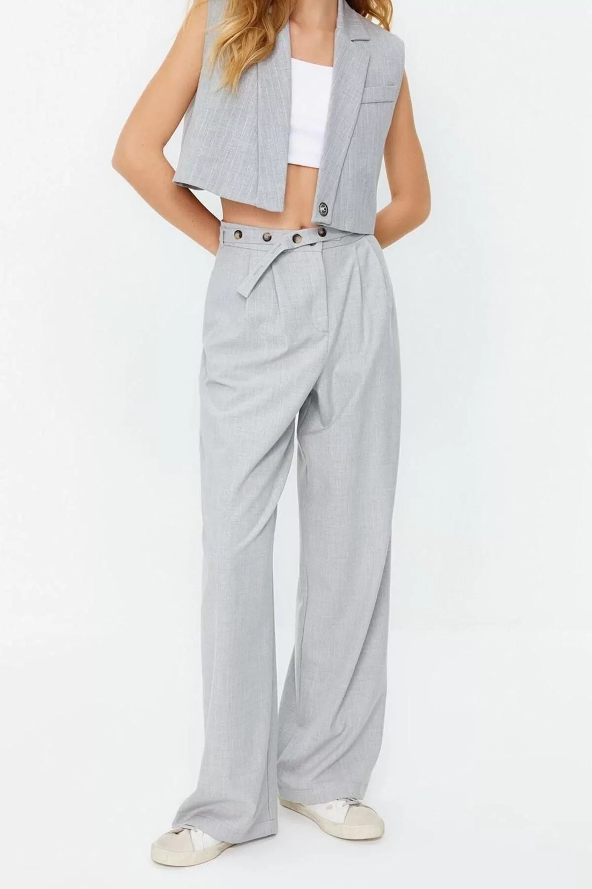 Women's New Fashion Wide Leg Long Length Woven Straight Cut Belt Detailed Trousers