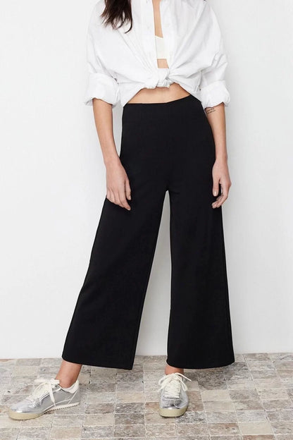 Women's New Fashion Wide Leg Regular Length Knitted Culotte Fit Cutout Detail High Waist Trousers