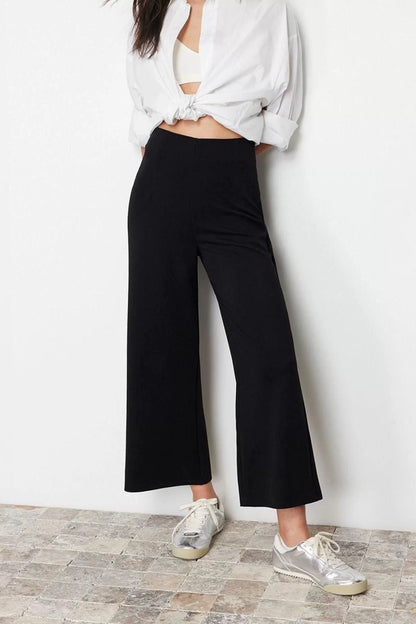 Women's New Fashion Wide Leg Regular Length Knitted Culotte Fit Cutout Detail High Waist Trousers