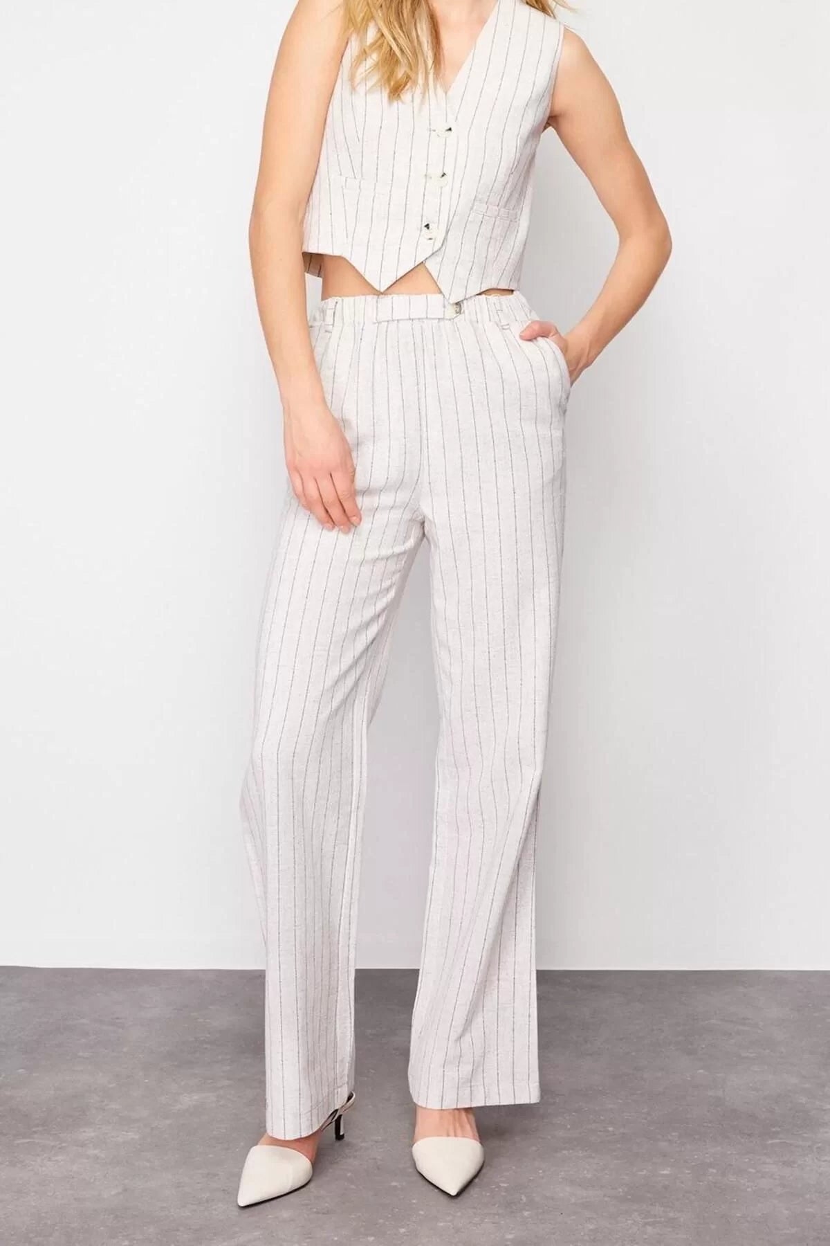 Women's Fashion Straight Leg Regular Length Woven Striped Elastic Waist Pocket Straight Cut Cotton Linen Trousers